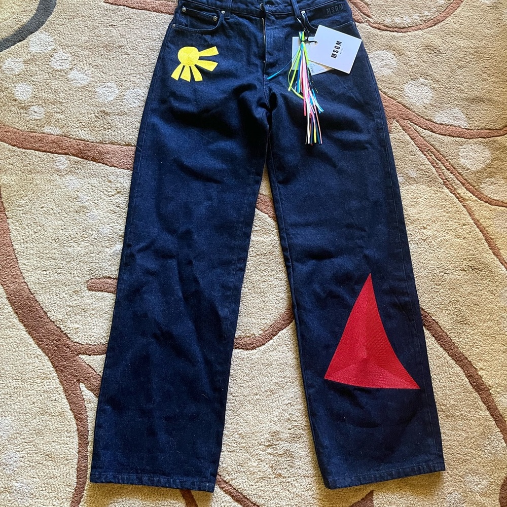 MSGM Blue Flare Jeans with Red and Yellow Accents